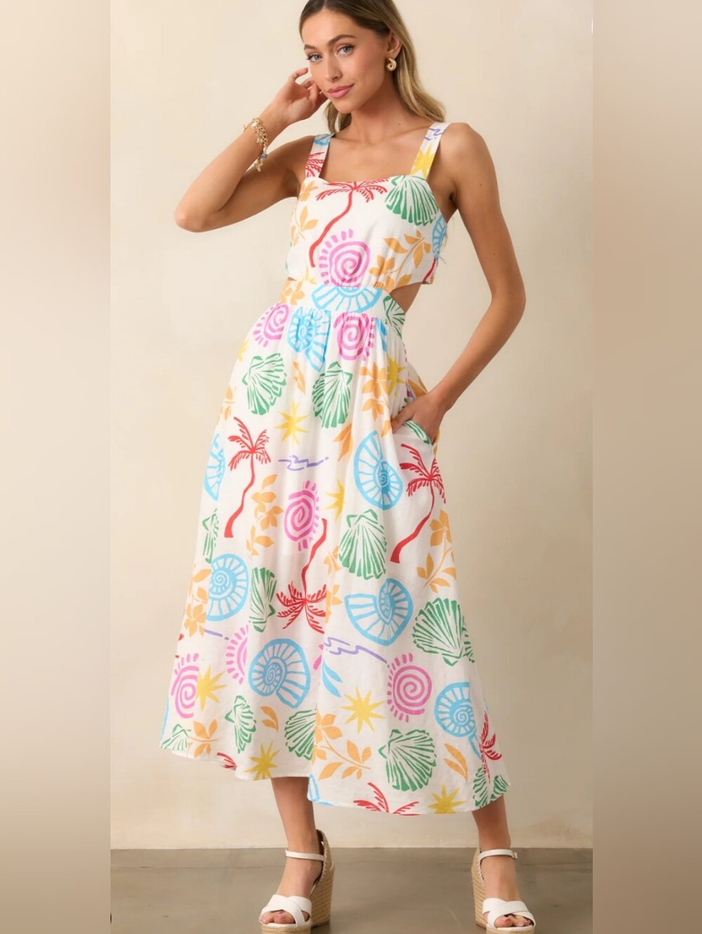 ILLA ILLA Tropics Cutout Midi Dress White Multi Seashell Palm Tree S